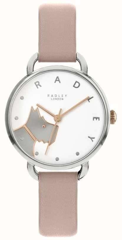 Ladies wristwatch, RADLEY LONDON white dial, pink leather strap, rose-gold crown.