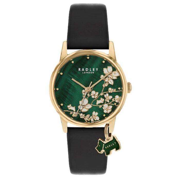 Gold-tone round quartz watch with green floral dial and black leather strap