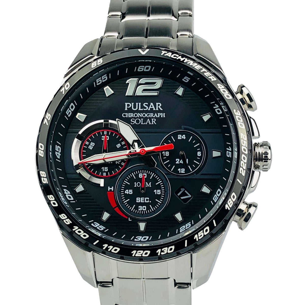 Men's stainless steel chronograph solar watch, black dial with red-accent subdials
