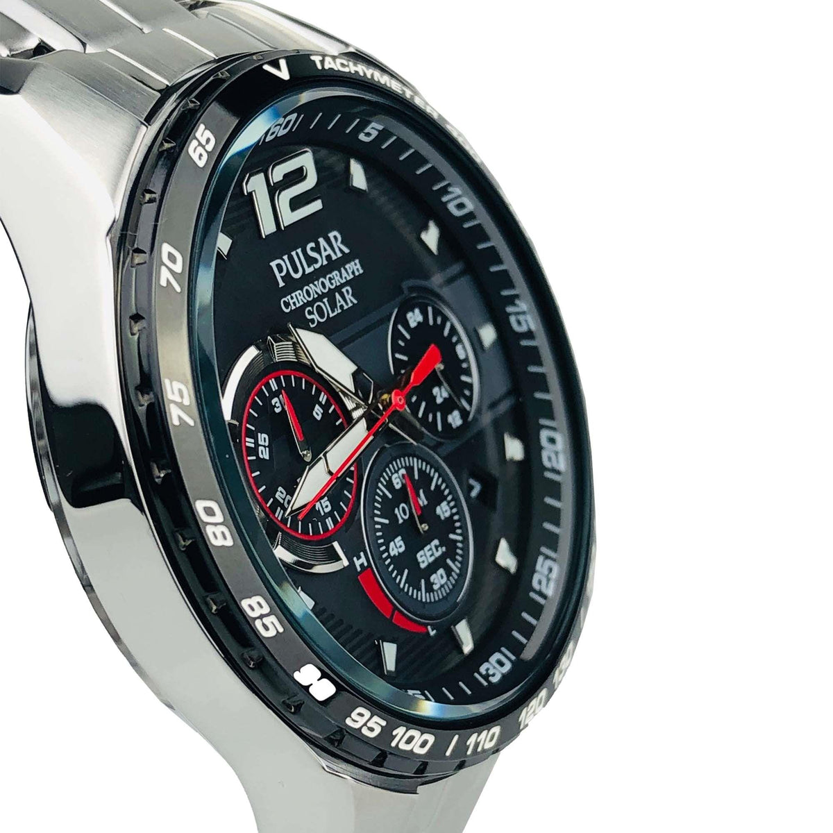 Men's stainless steel chronograph solar watch side close-up of black dial and red hands