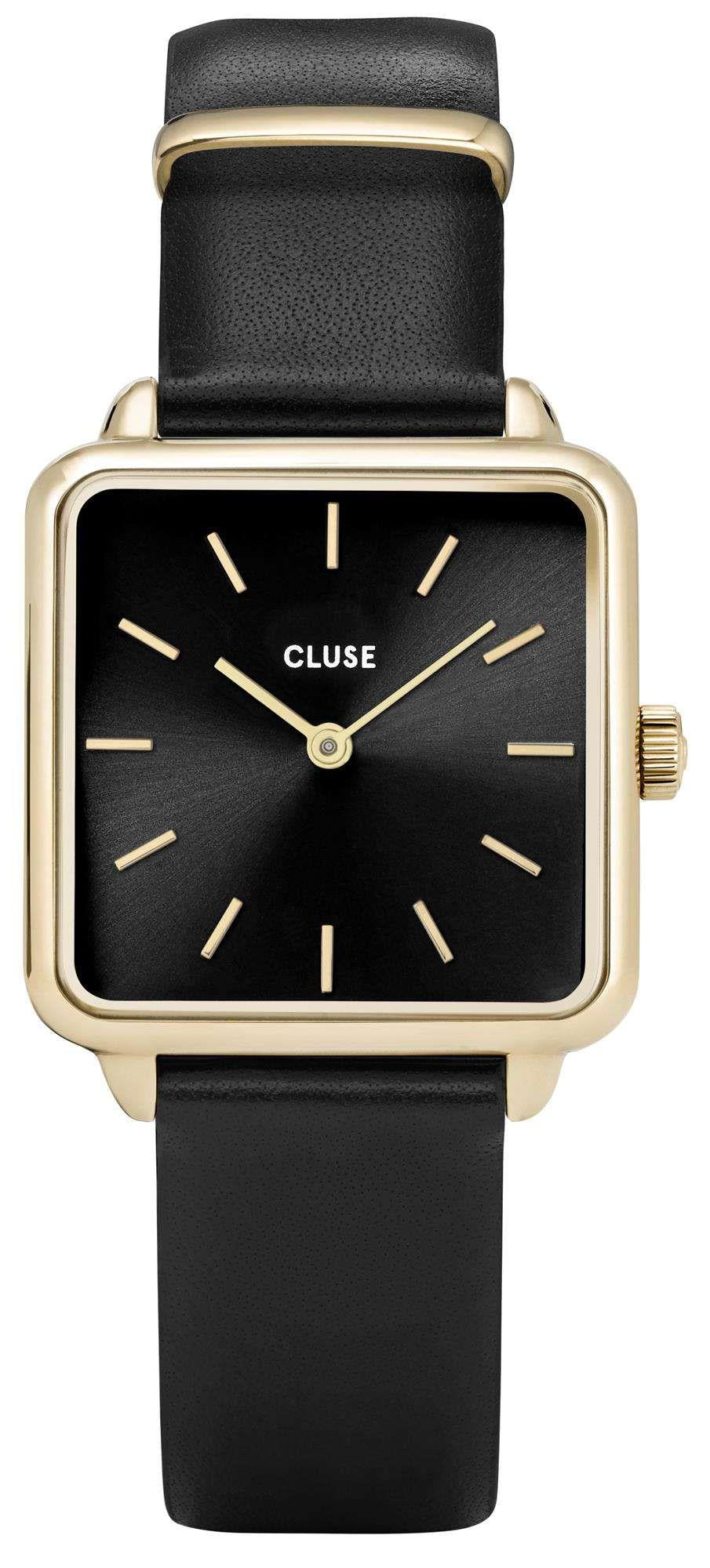 CLUSE square ladies watch, black leather strap, gold PVD case, minimalist black dial