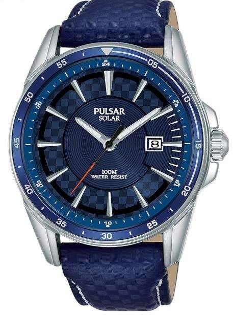 Men's solar watch with blue leather strap, stainless steel case, dark blue dial and markers