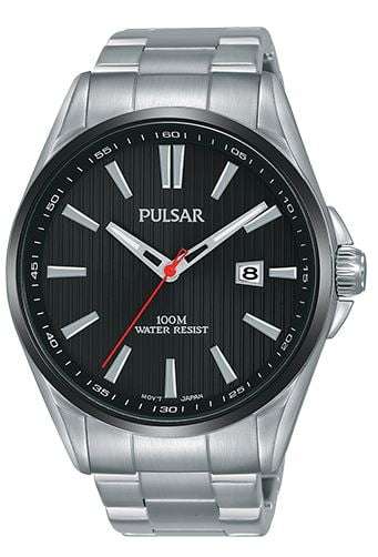 Men's stainless steel quartz watch, black dial with red hands and date window