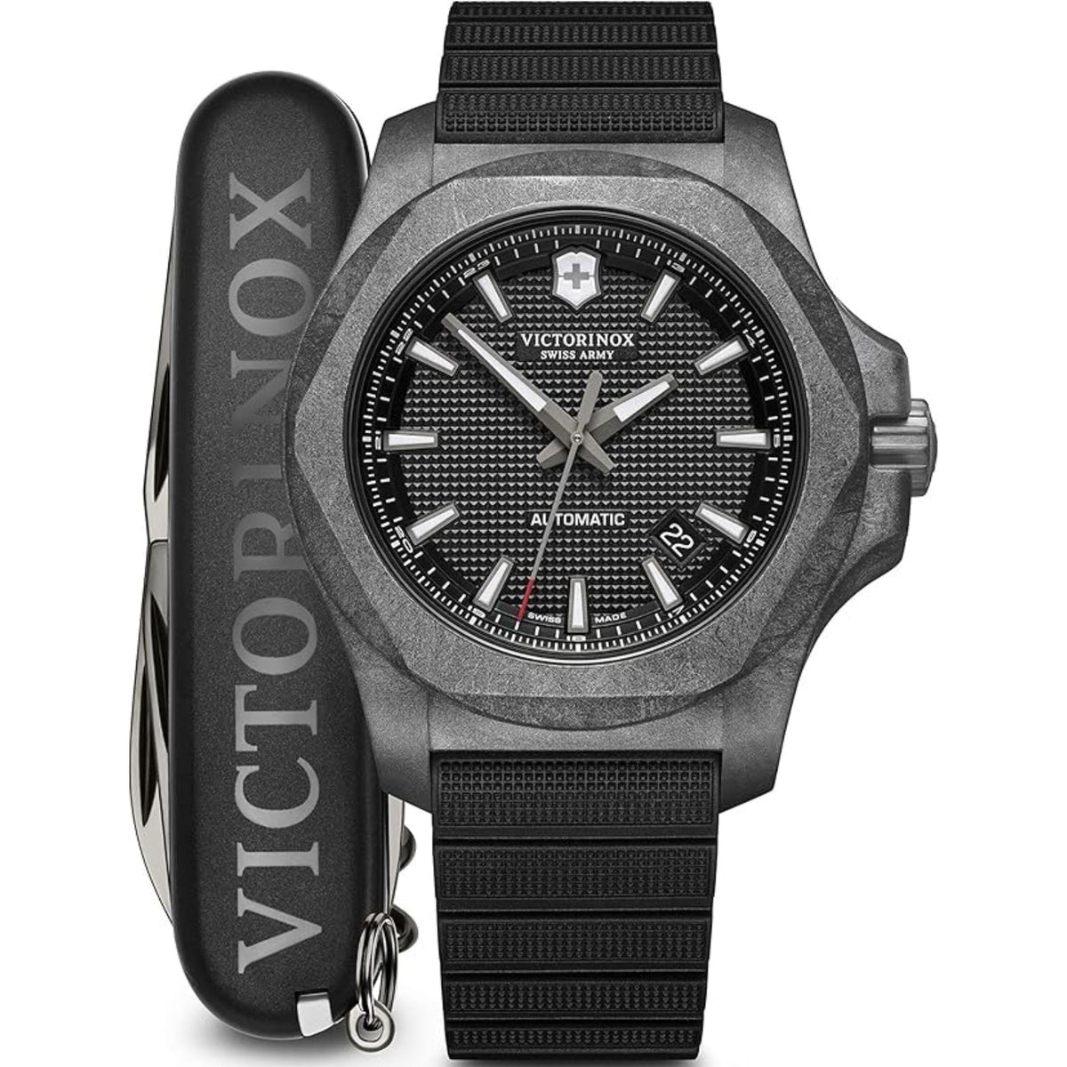 Victorinox I.N.O.X men’s mechanical watch with black carbon-style case, black strap, and dial.
