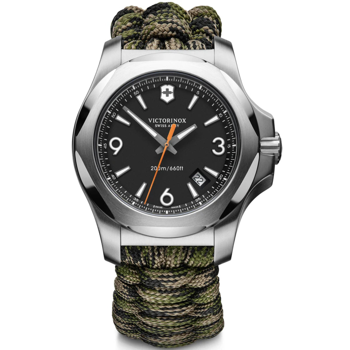 Men's Victorinox I.N.O.X wristwatch front view, silver bezel, black dial, green paracord strap