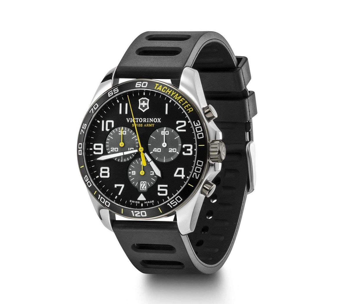 Victorinox chronograph watch front 3/4 view, black dial, yellow accents, tachymeter bezel, strap