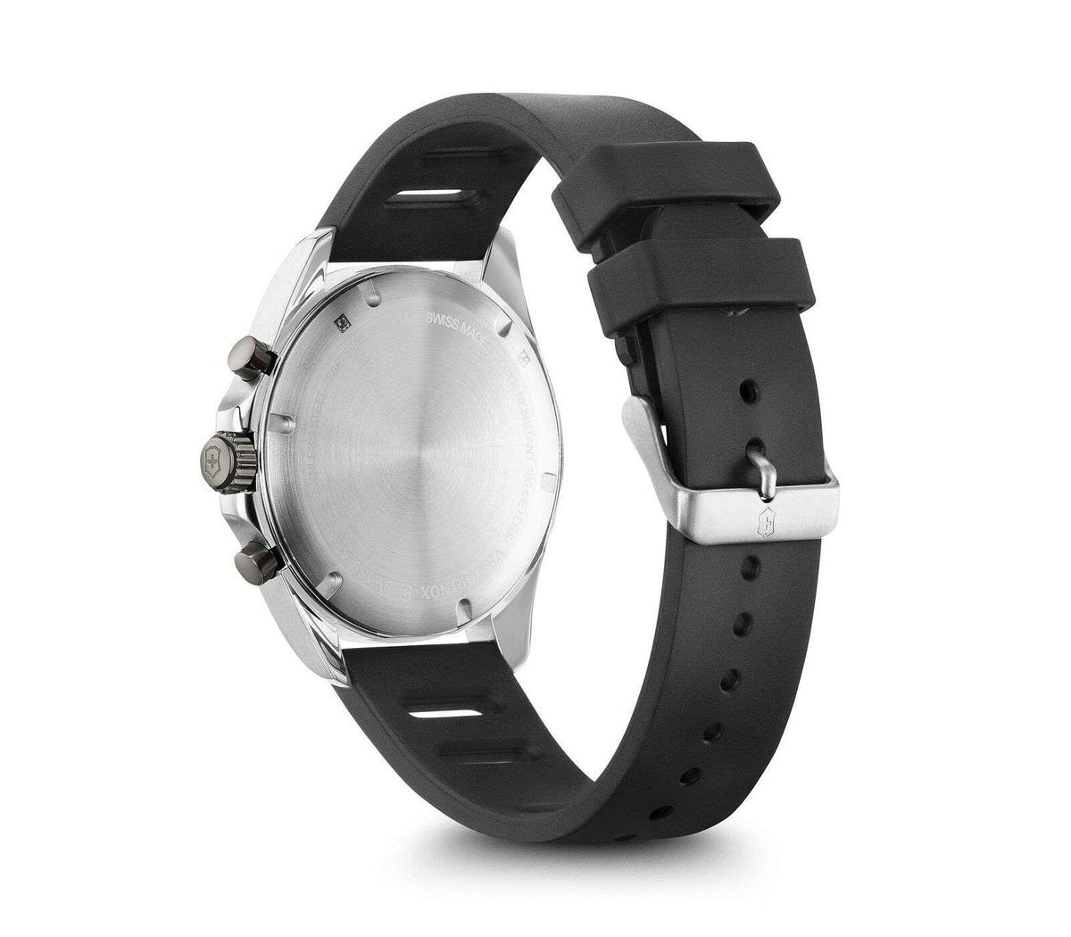 Men's stainless steel sport chronograph watch with black silicone strap, side view