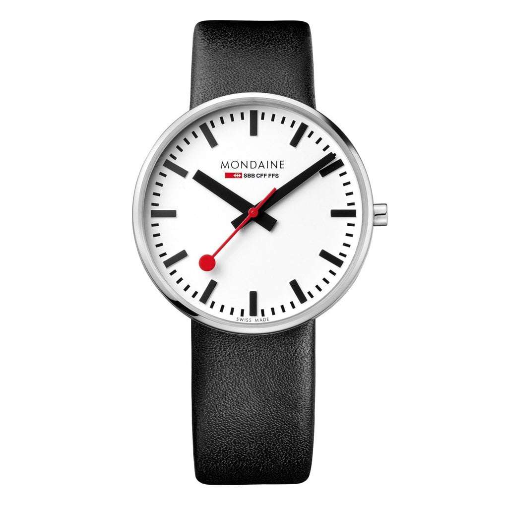 Men's quartz watch with white dial, red hands, black leather strap, round silver case
