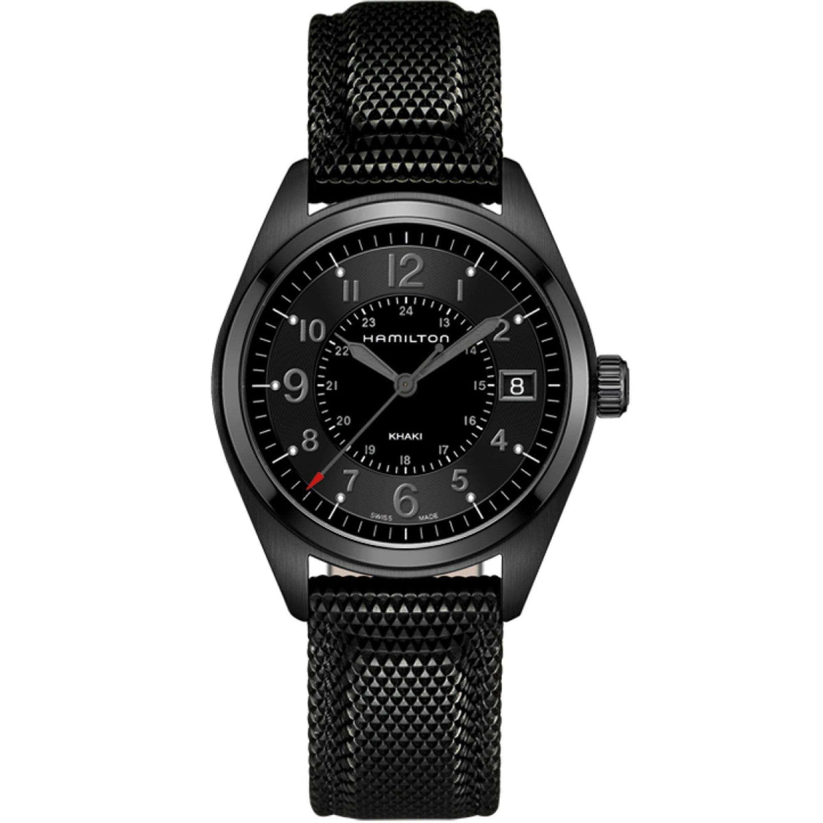 Men's Khaki field quartz watch with black dial, carbon fiber case, and black strap