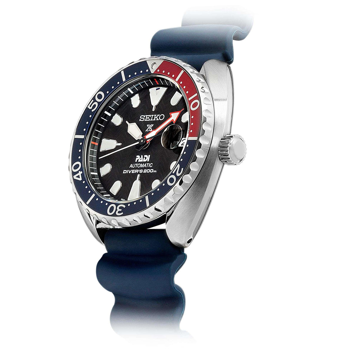 Men's automatic dive watch, black dial with Pepsi bezel, steel case, navy strap