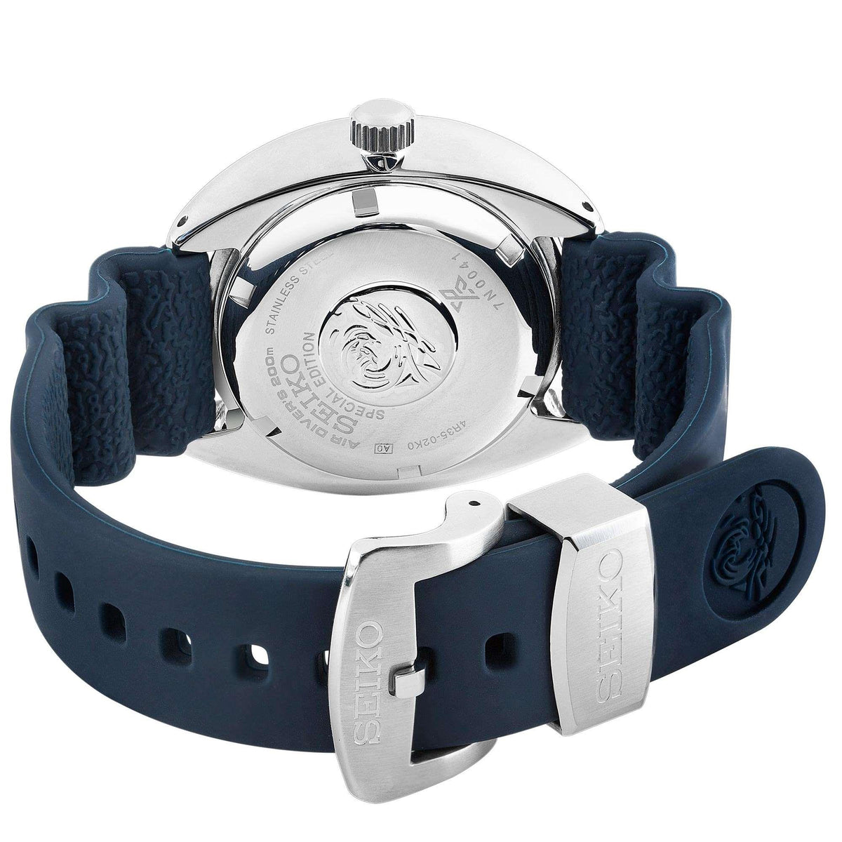Men's dive watch caseback, silver steel back, navy silicone strap with buckle