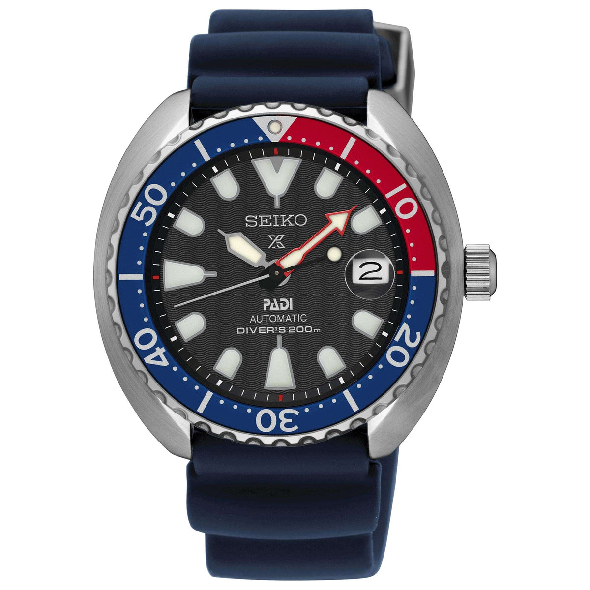 Men's automatic dive watch, black dial, Pepsi bezel, navy silicone strap