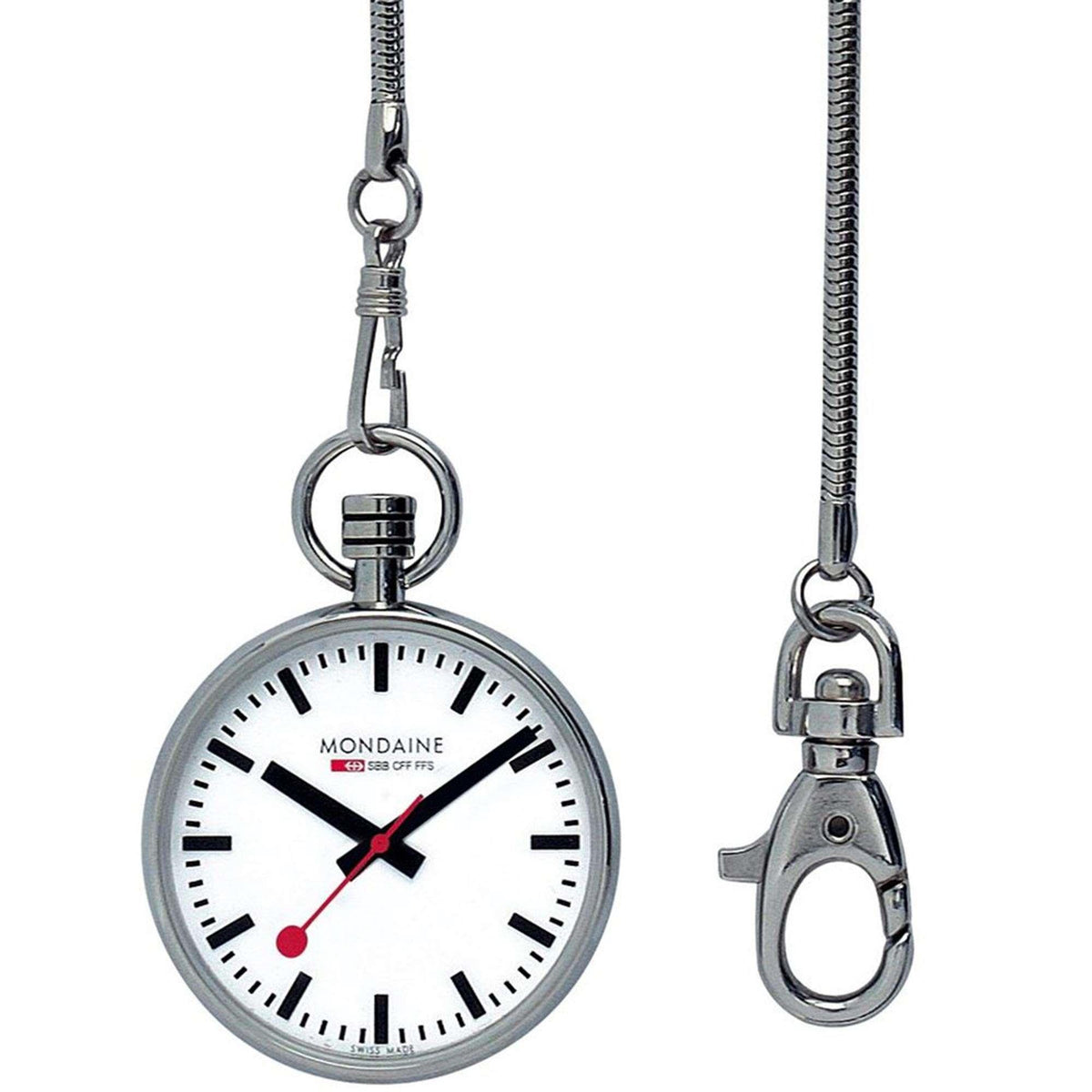 Silver pocket watch on chain with white dial, red accents, Roman numerals and clasp