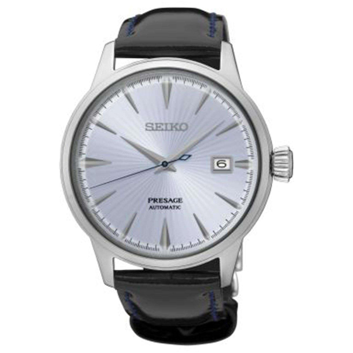 Men's automatic watch, silver case, blue dial, black leather strap with blue stitching