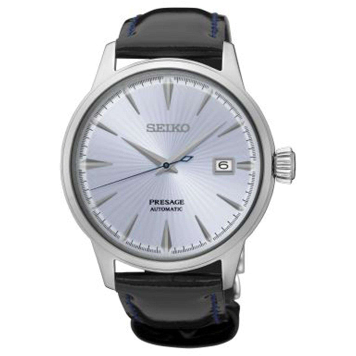 Men's automatic watch, silver case, blue dial, black leather strap, crown on right