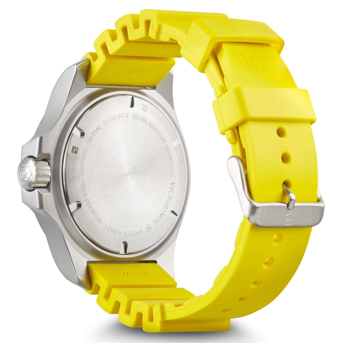 Men's dive watch with yellow rubber strap, close-up of stainless steel caseback