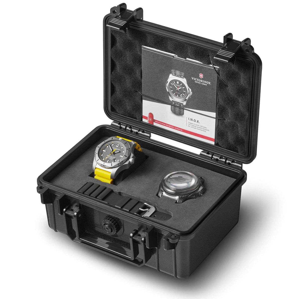 Men's dive watch set in black case, grey dial watch with yellow rubber strap