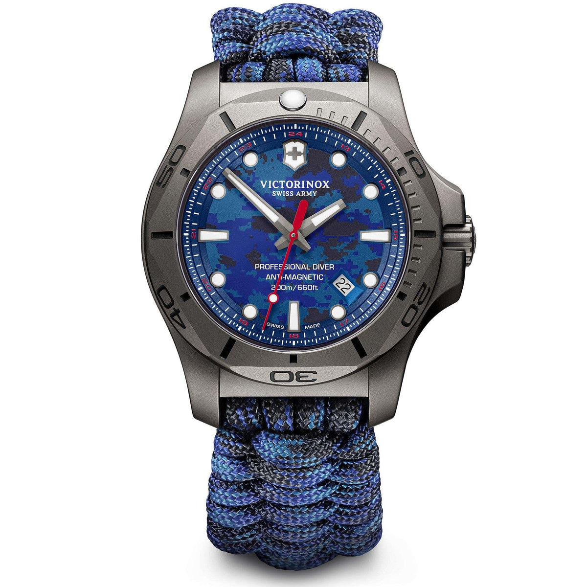 Victorinox men's diver watch with blue dial and unidirectional bezel, paracord strap