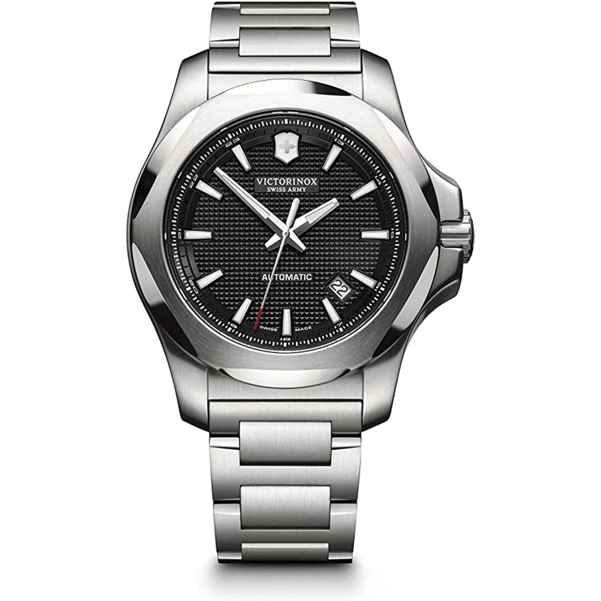 Men's Victorinox stainless-steel wristwatch with black textured dial and date ring