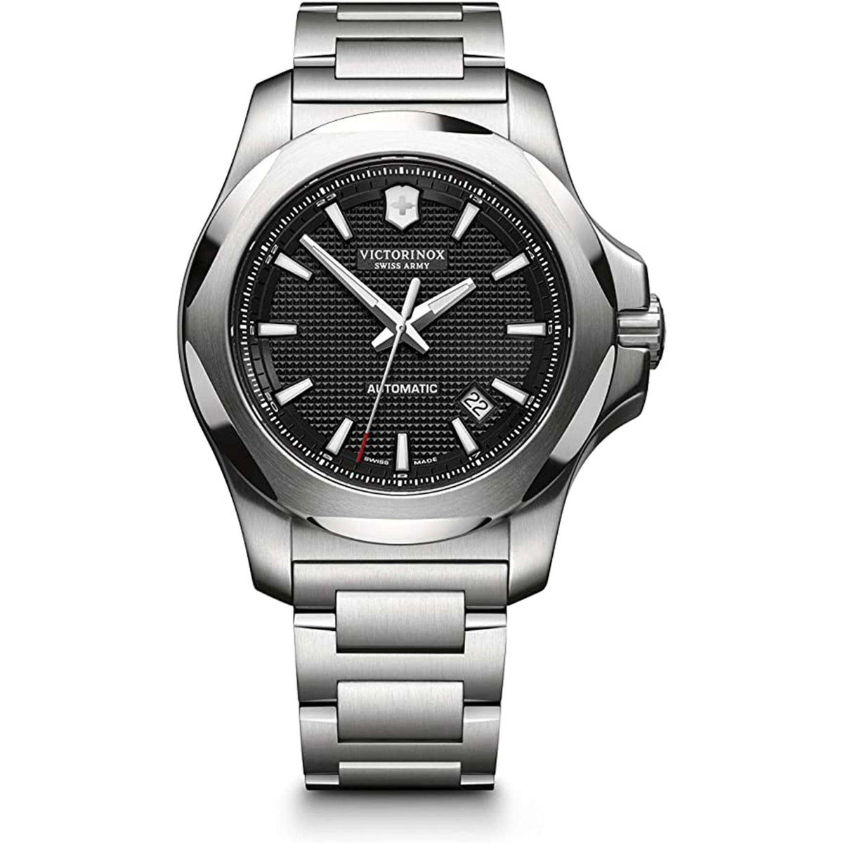 Men's Victorinox stainless-steel wristwatch front with black dial and baton hour markers