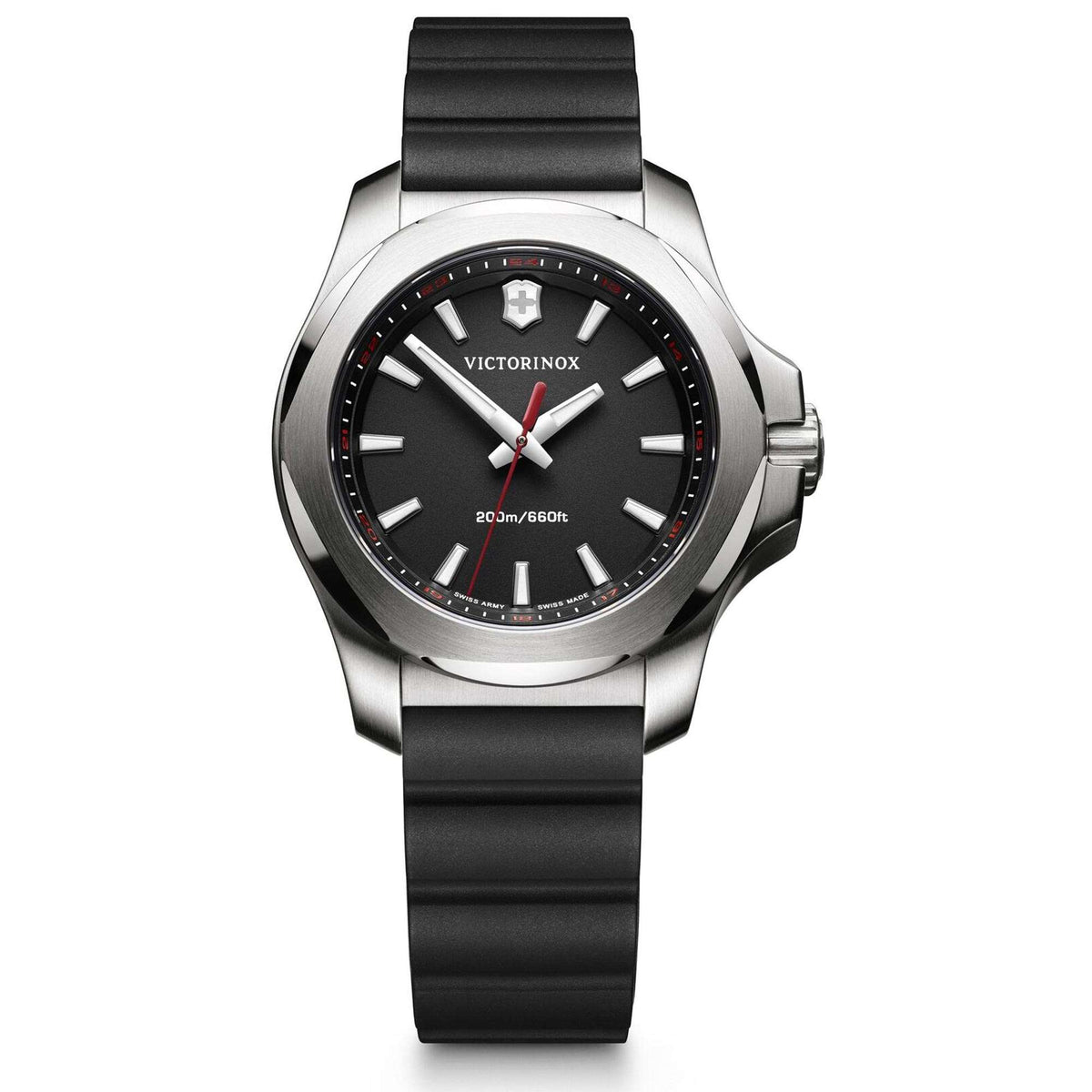 Round black dial quartz ladies watch with stainless case and black rubber strap