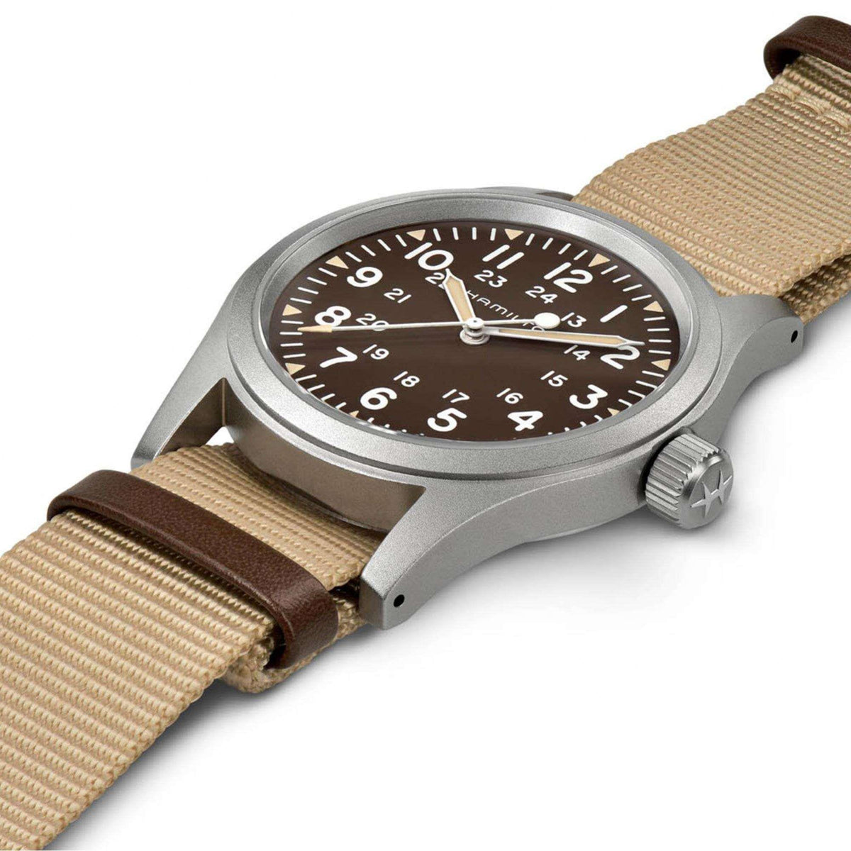 Men’s mechanical field watch close angled view, dark brown dial, stainless case, tan NATO strap.