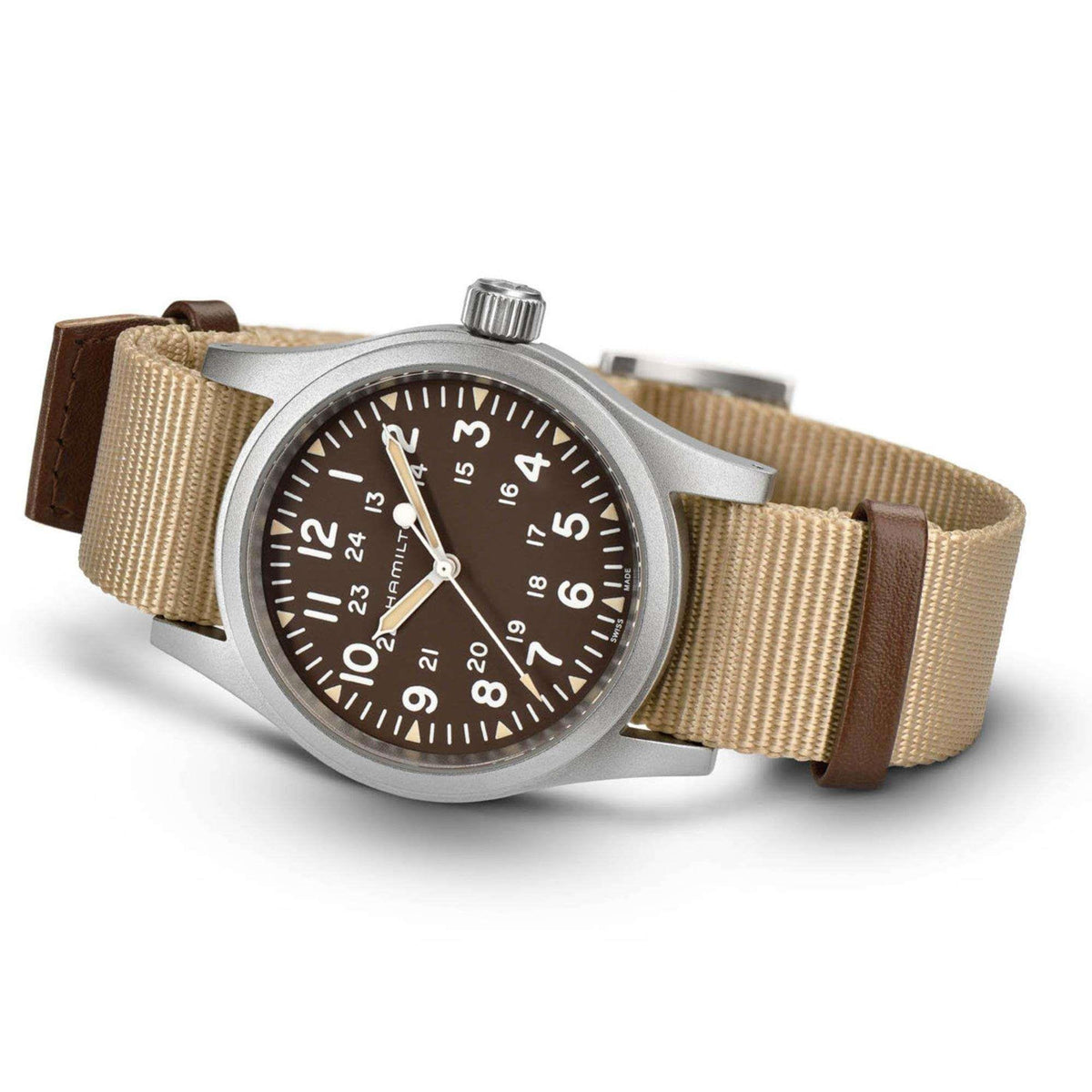 Men’s mechanical field watch 3/4 view, dark brown dial, stainless case, tan NATO strap.