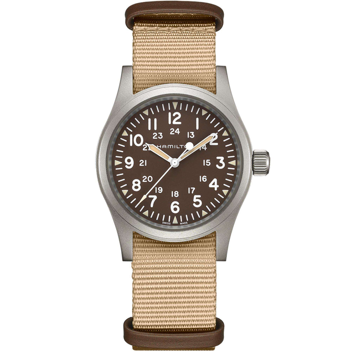 Mechanical field watch front view with brown dial, stainless case, tan NATO strap