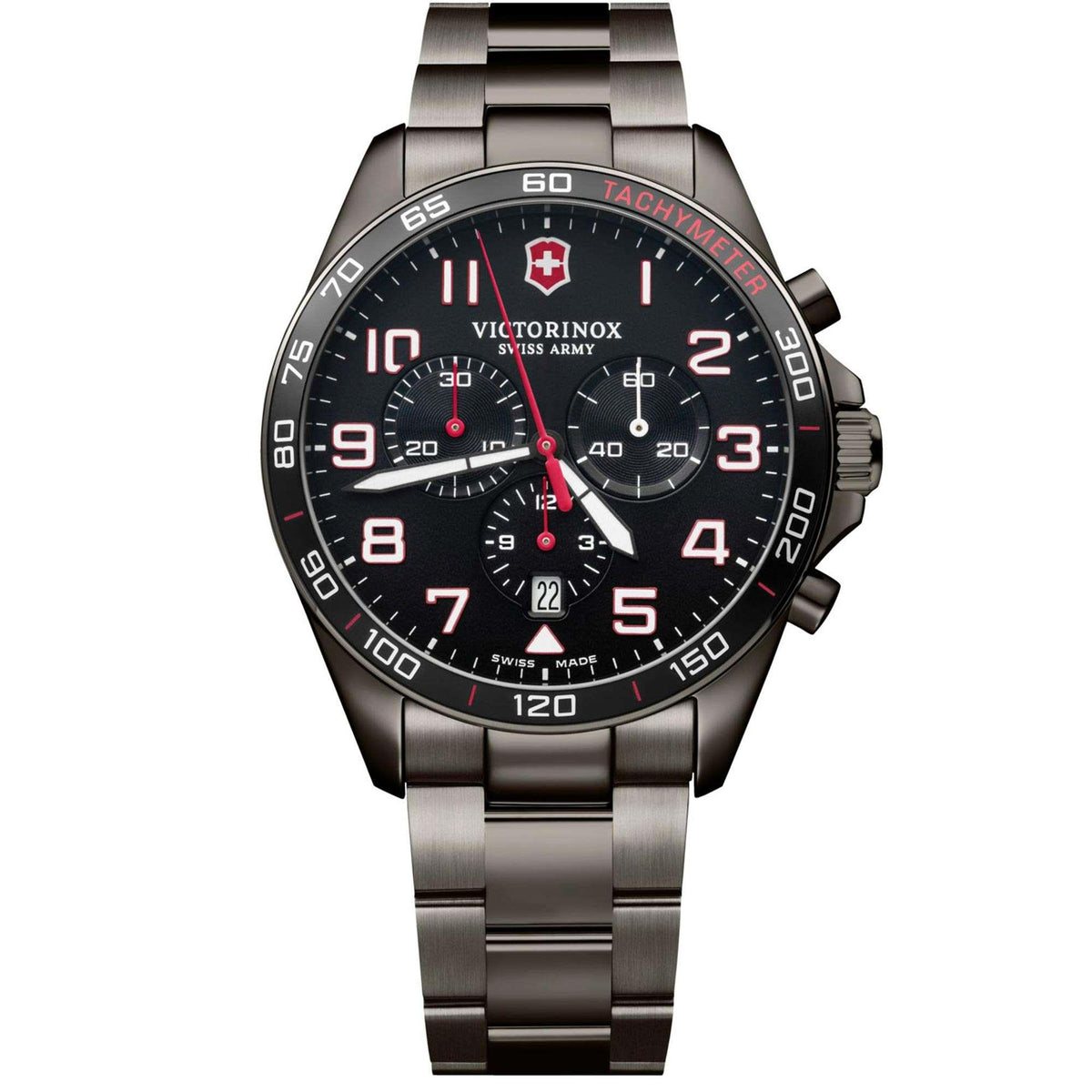 Stainless steel chronograph watch front view; black dial with red bezel numbering