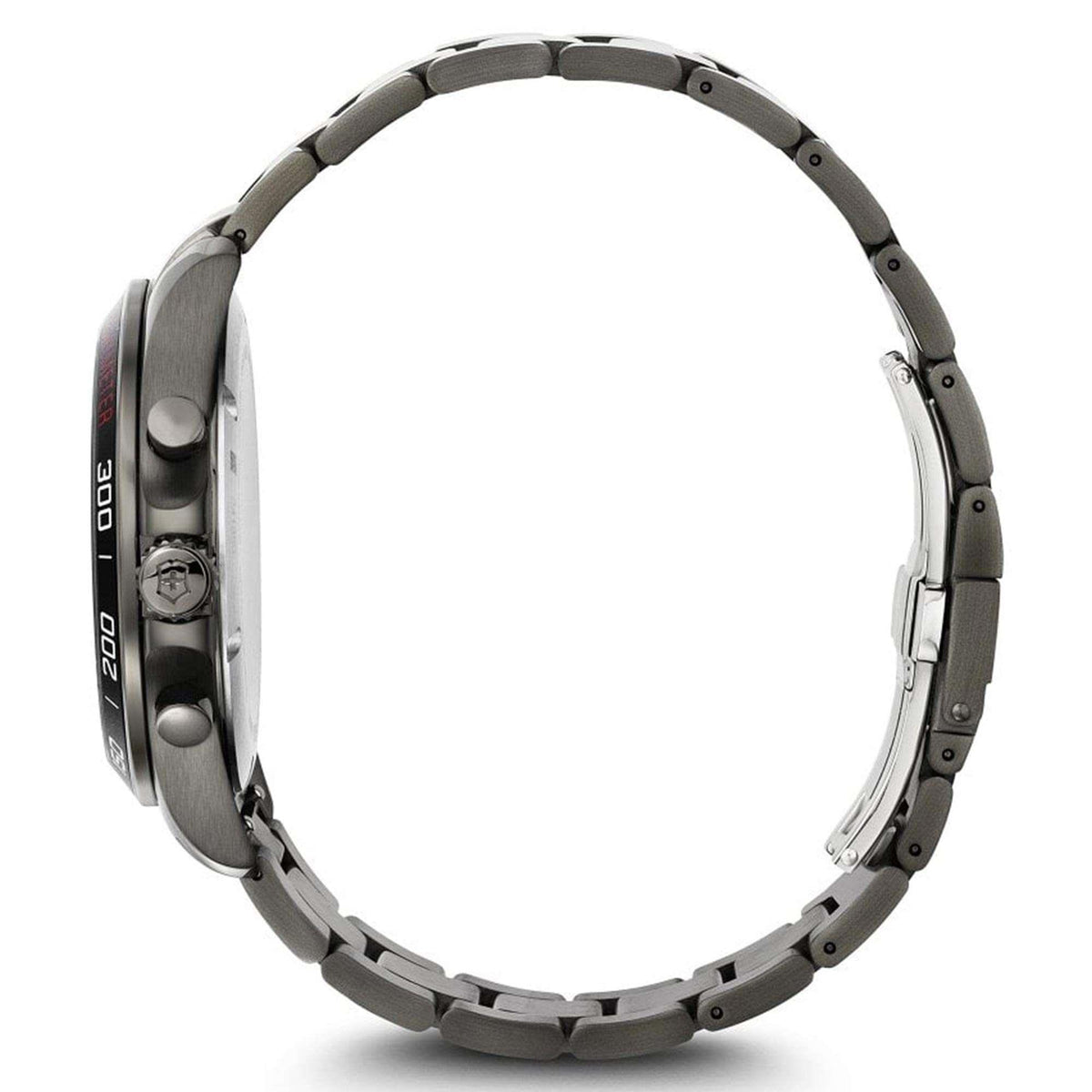 Stainless steel watch case back and bracelet links, side view