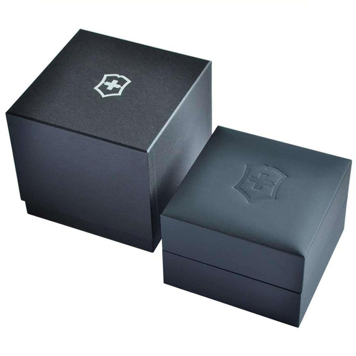 Dark blue Victorinox watch gift boxes with embossed logo on the lids