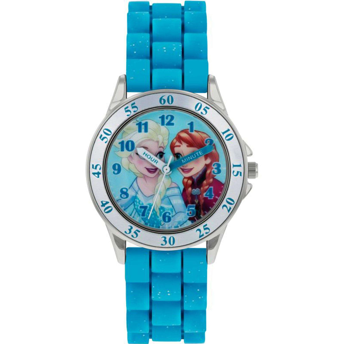 Girls analog watch with blue rubber strap, silver case, blue dial with numbered markers.