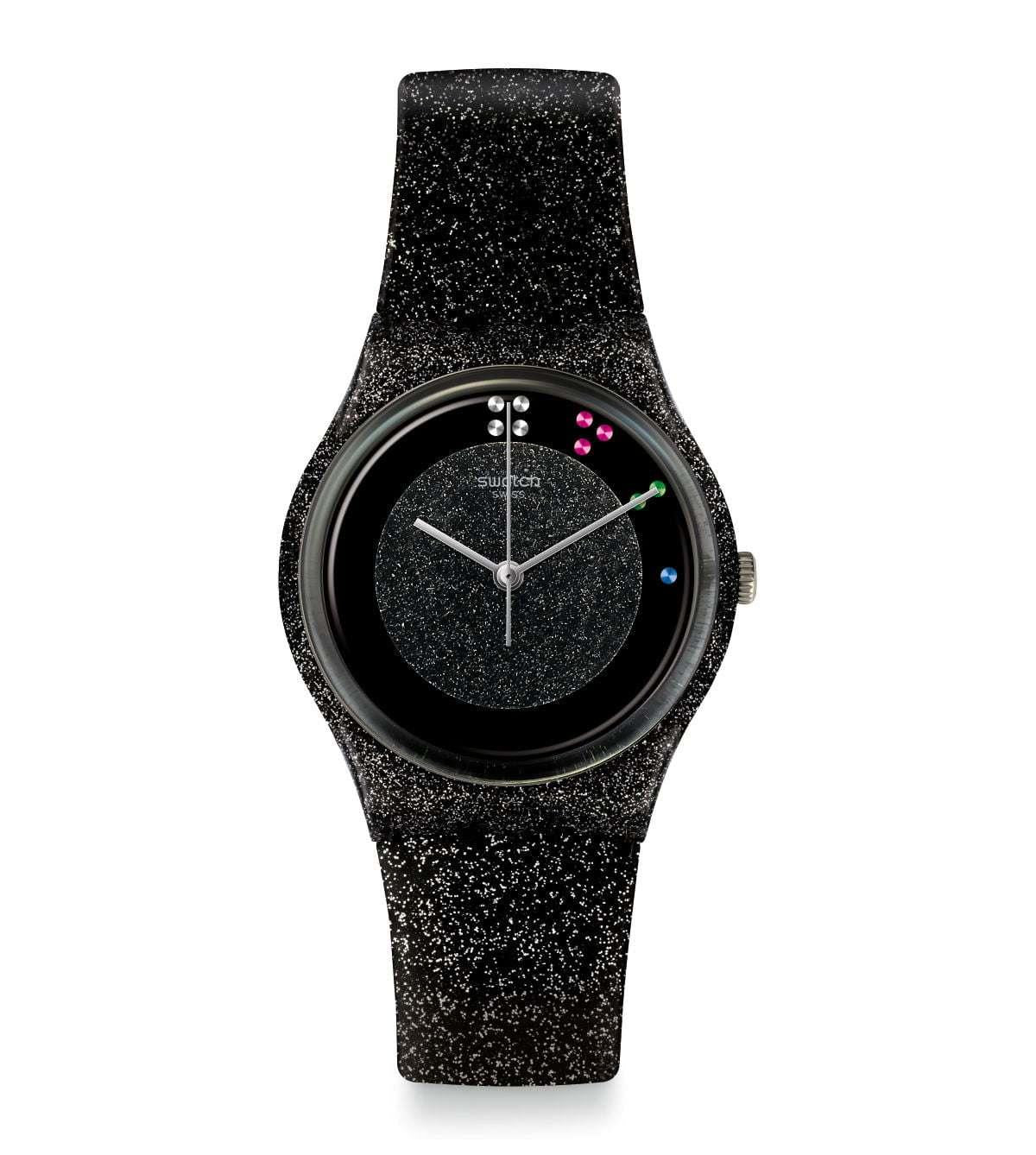 Black glitter dial ladies quartz watch with speckled black leather strap and silver hands