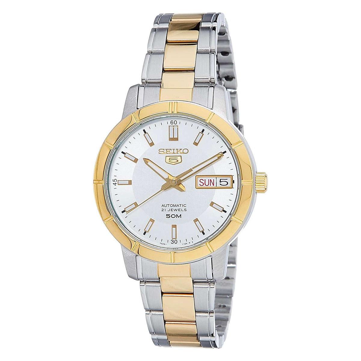 Two-tone ladies automatic watch front view with white dial and silver-gold stainless bracelet