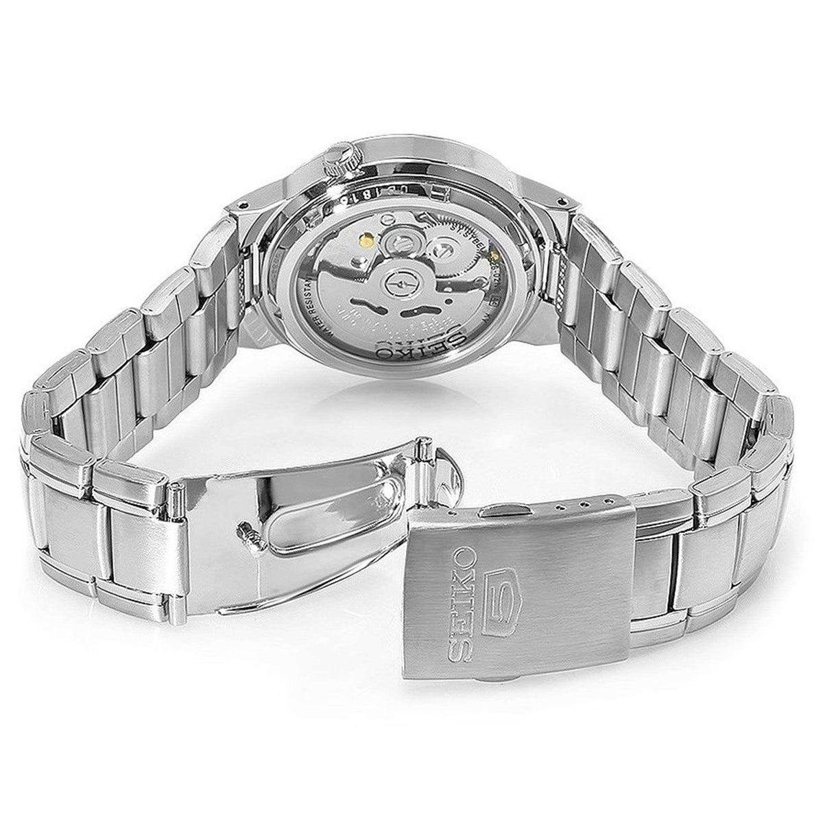 Stainless steel Seiko automatic watch with bracelet, open case back showing internal movement.