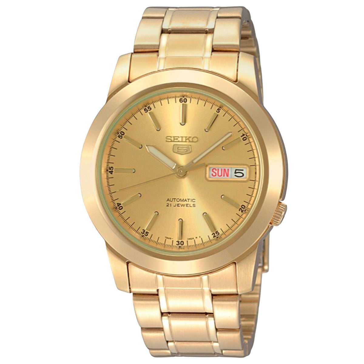 Gold-tone automatic men's watch with gold dial, SUN 5 window, linked metal bracelet