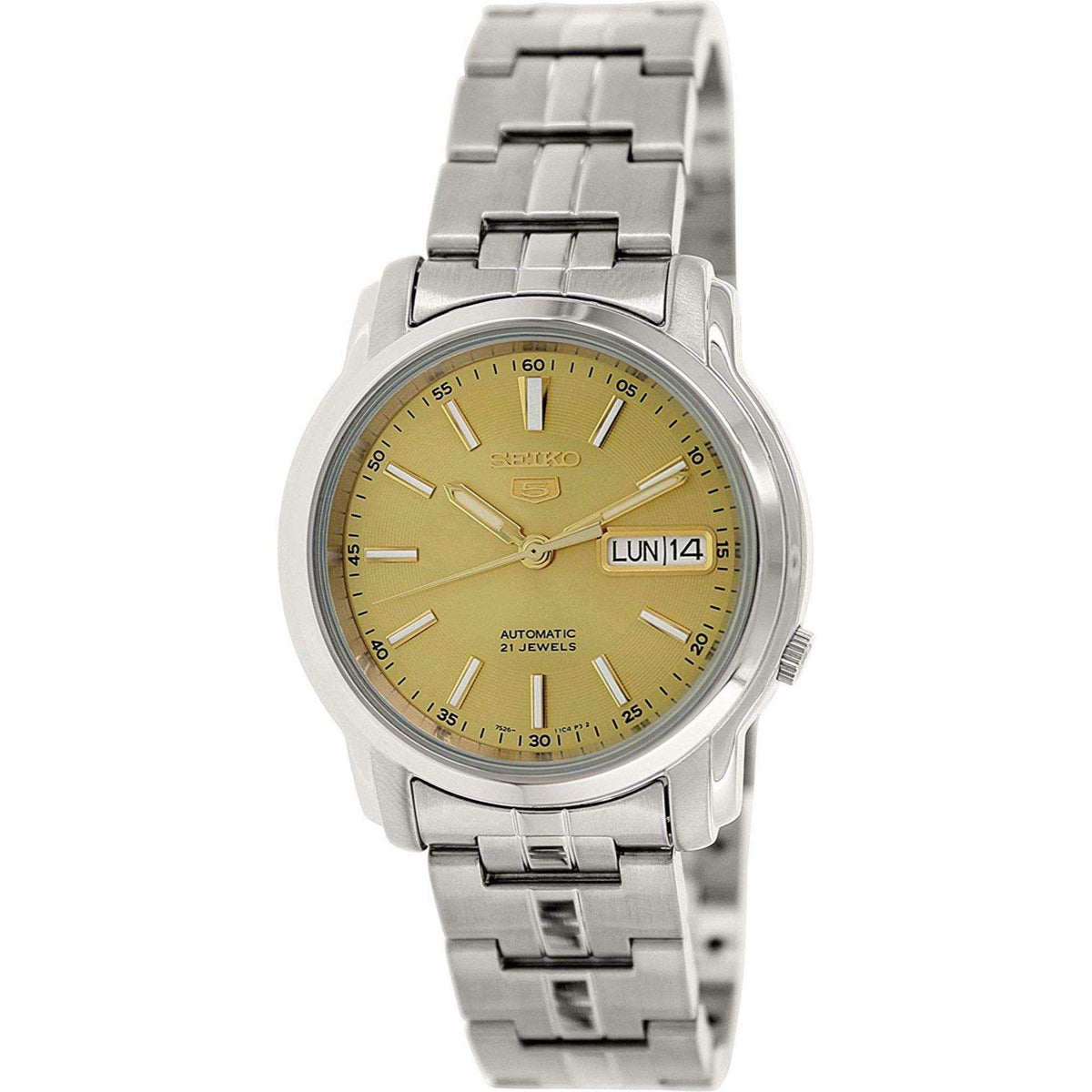 Men's automatic wristwatch with gold dial and stainless steel bracelet, day/date window shows LUN 14