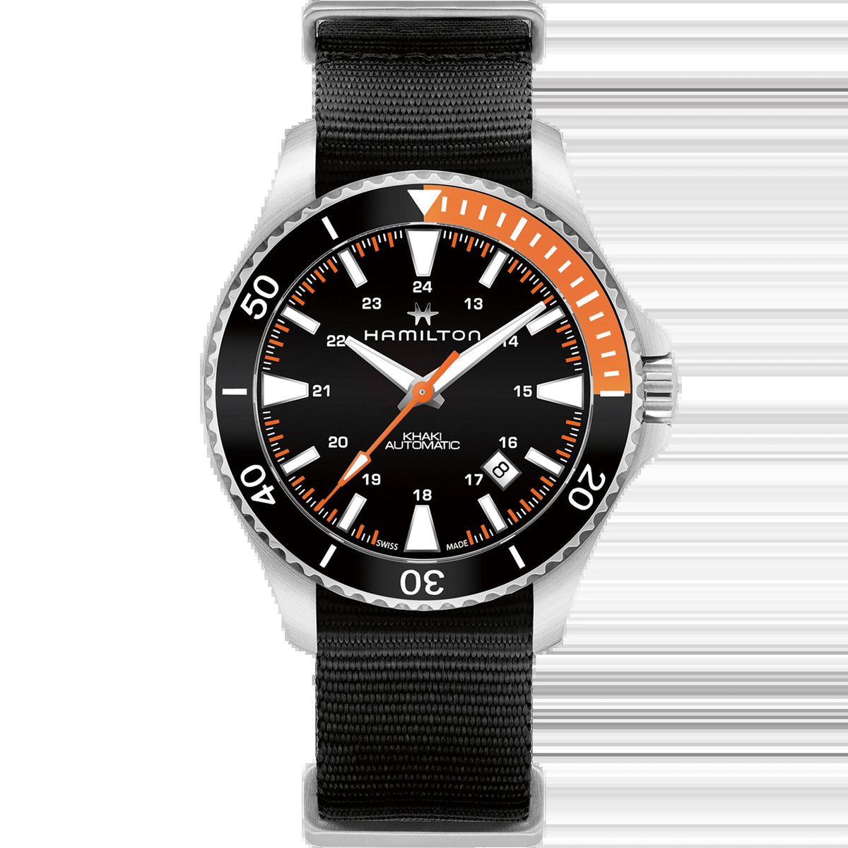 Men's automatic wristwatch with black dial, orange accents, stainless case, NATO strap