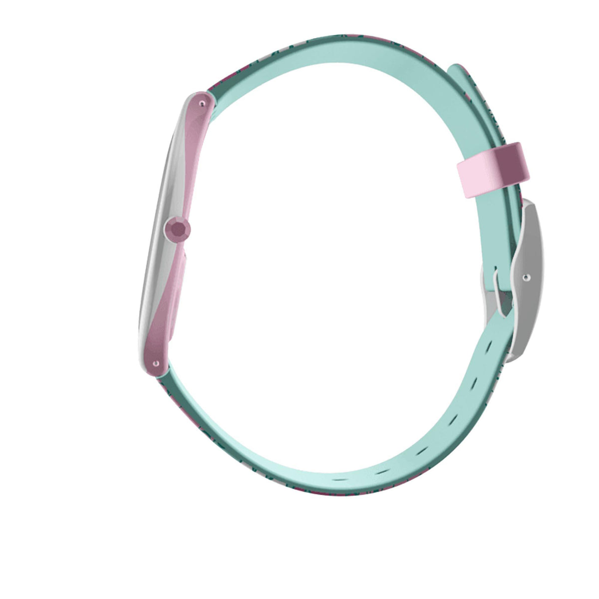 Teal and pink Swatch watch case with visible crown and strap attachment
