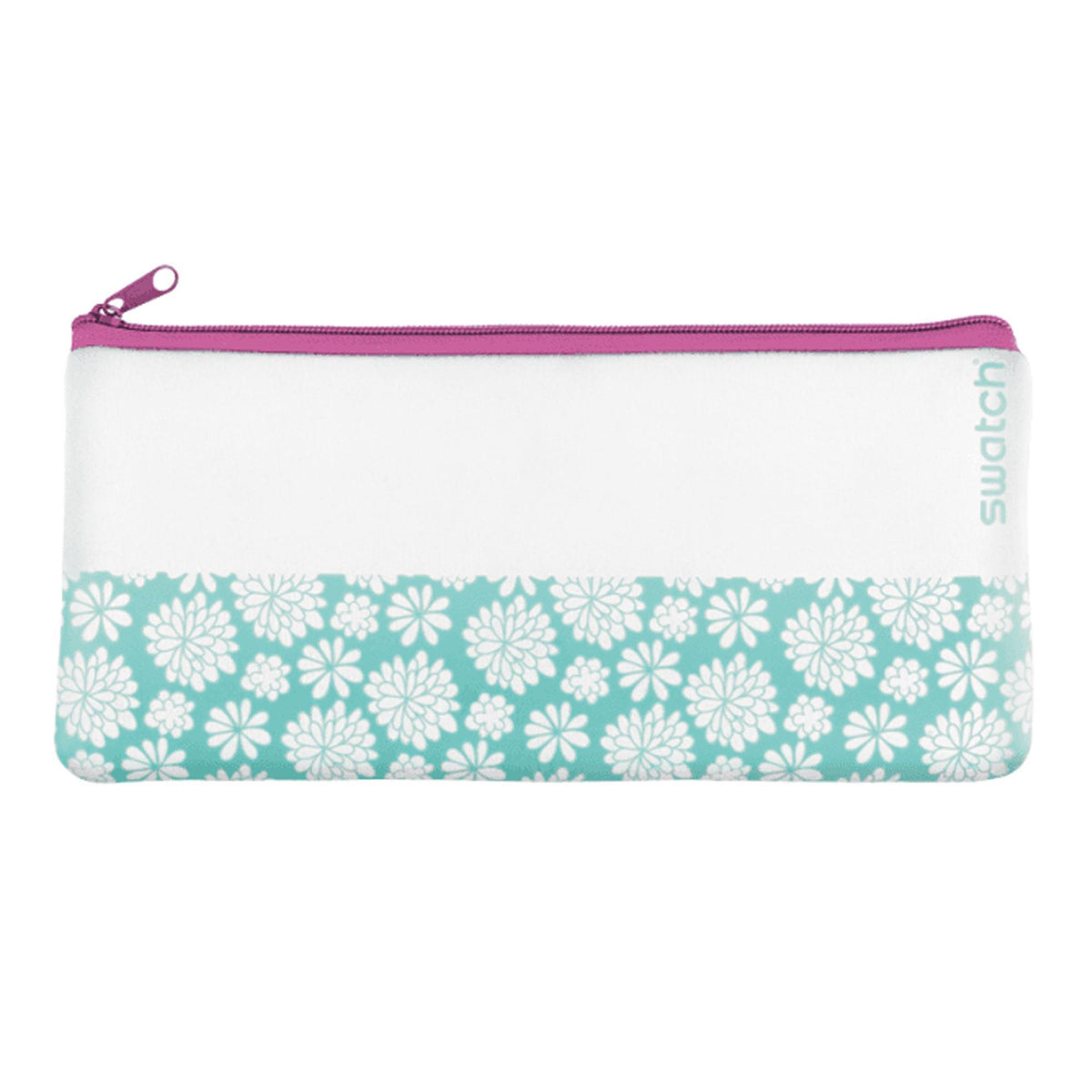 Swatch zipper pouch with teal floral pattern and purple-pink trim