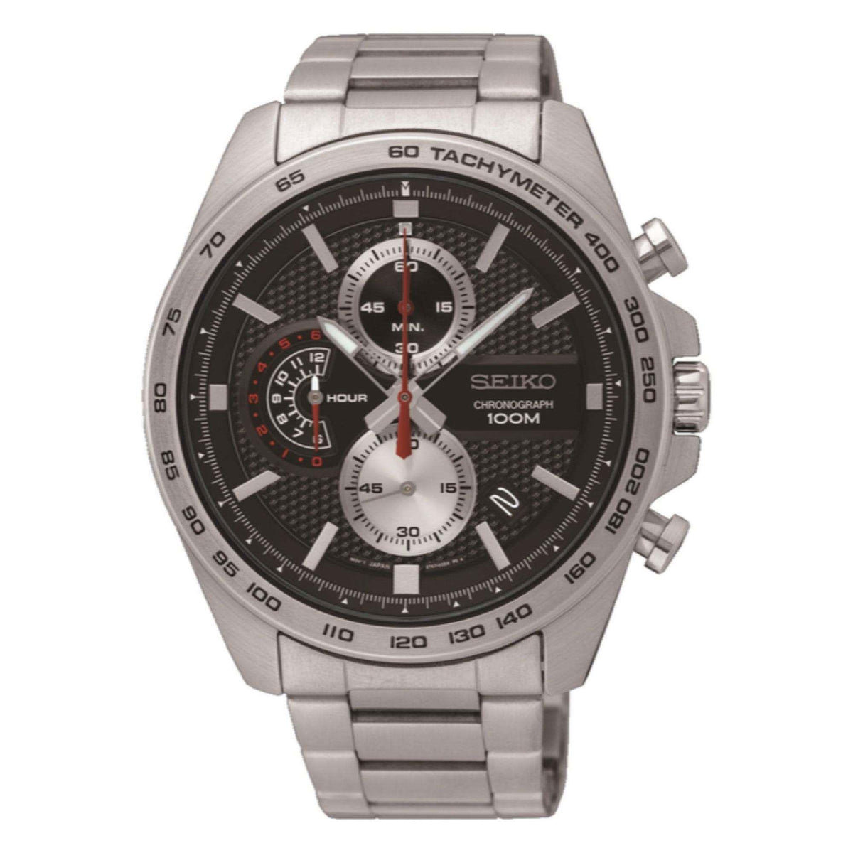 Silver-tone chronograph watch with black dial, three subdials, and red seconds hand