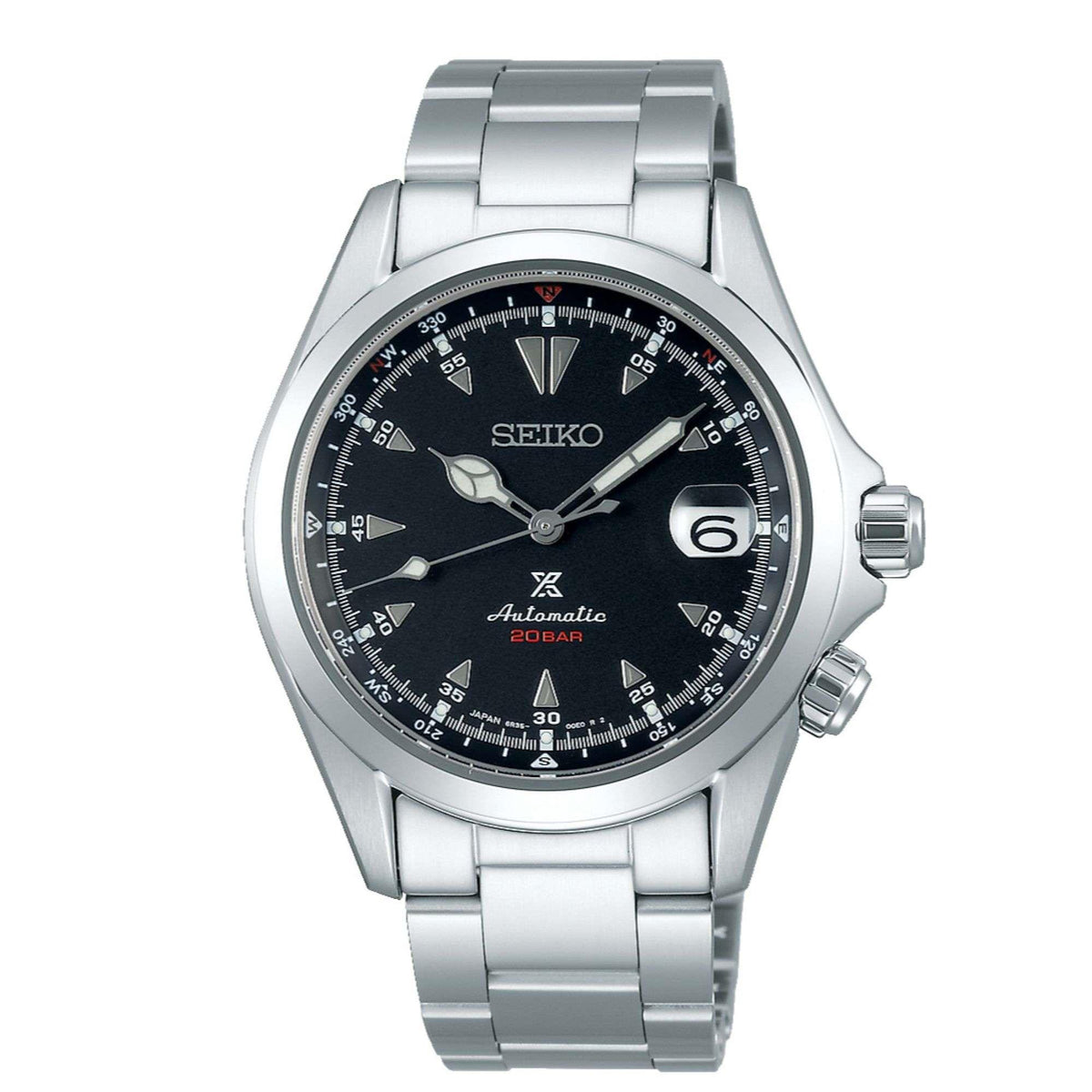 Men's Seiko Alpinist automatic watch with dark dial, metal bezel, stainless bracelet