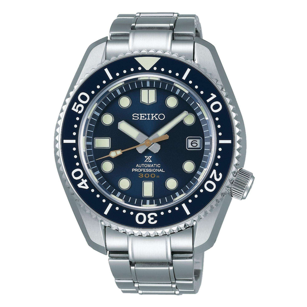 Stainless steel automatic dive watch with dark blue dial, date window, and metal link bracelet