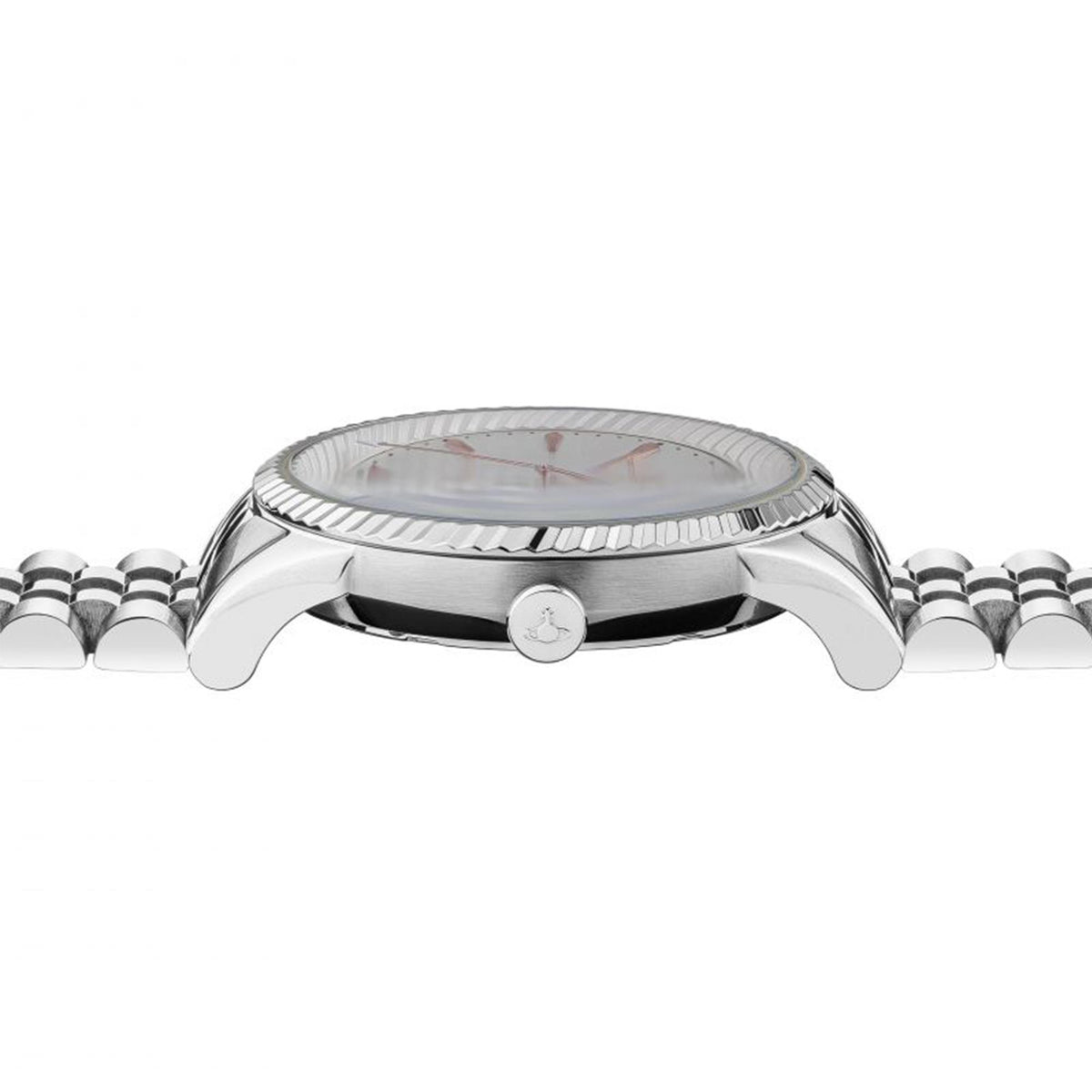 Silver watch case top with ridged bezel, glass crystal, and stainless steel bracelet lugs