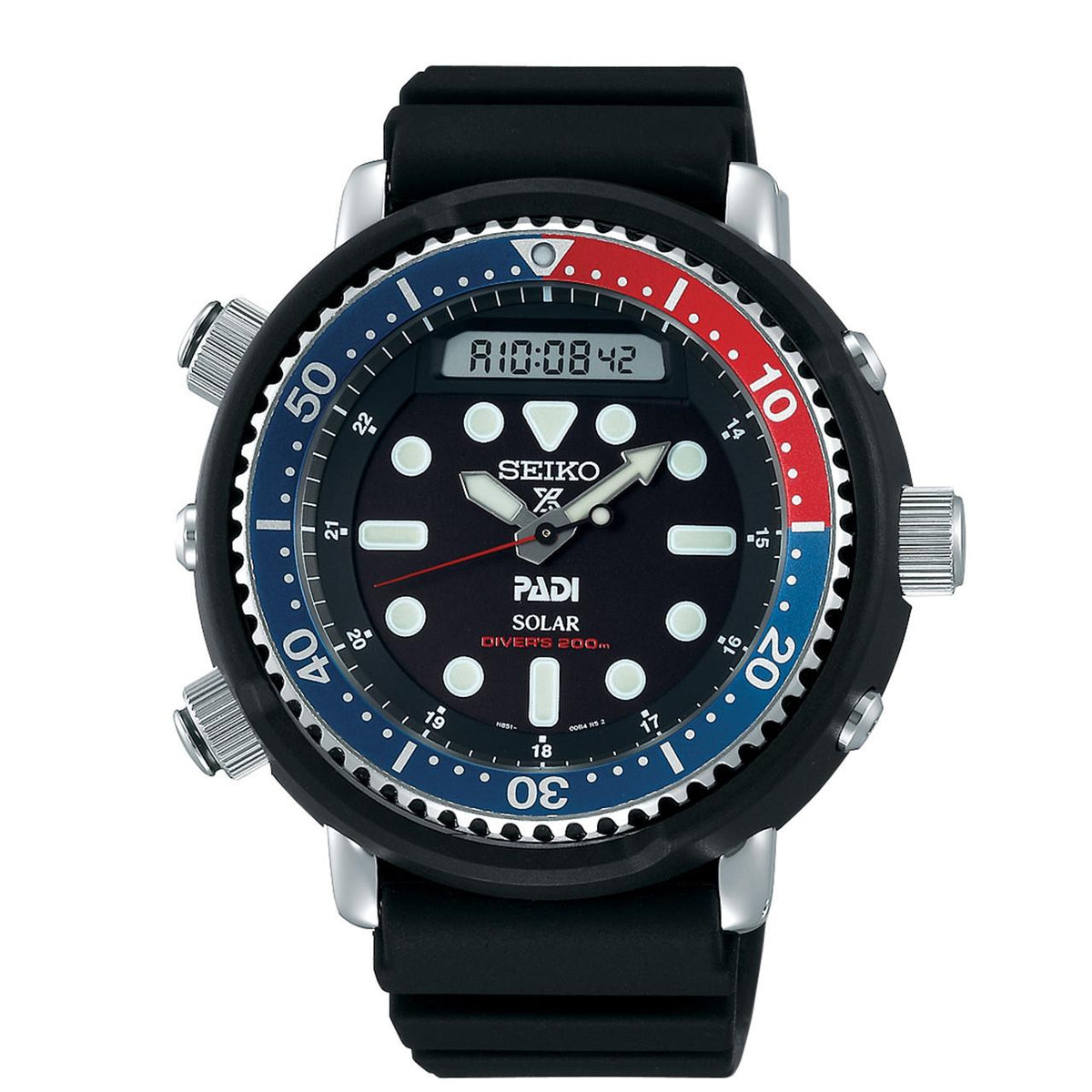 Men's Seiko dive watch with black dial, prominent blue-red bezel, and black silicone strap.