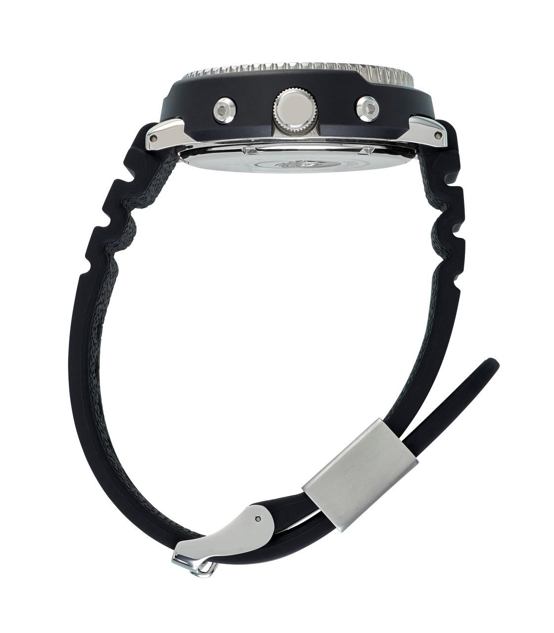 Men's Seiko dive watch buckle and black silicone strap shown from the side, rear view.