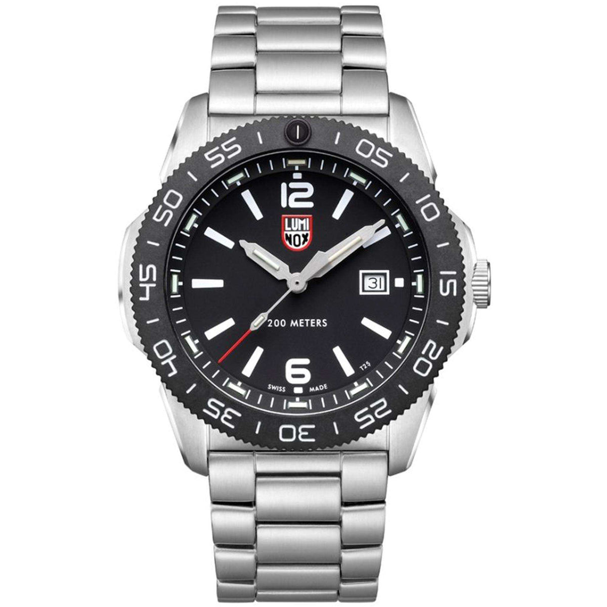 Men's stainless steel diver watch with black dial, luminous bezel, and steel bracelet