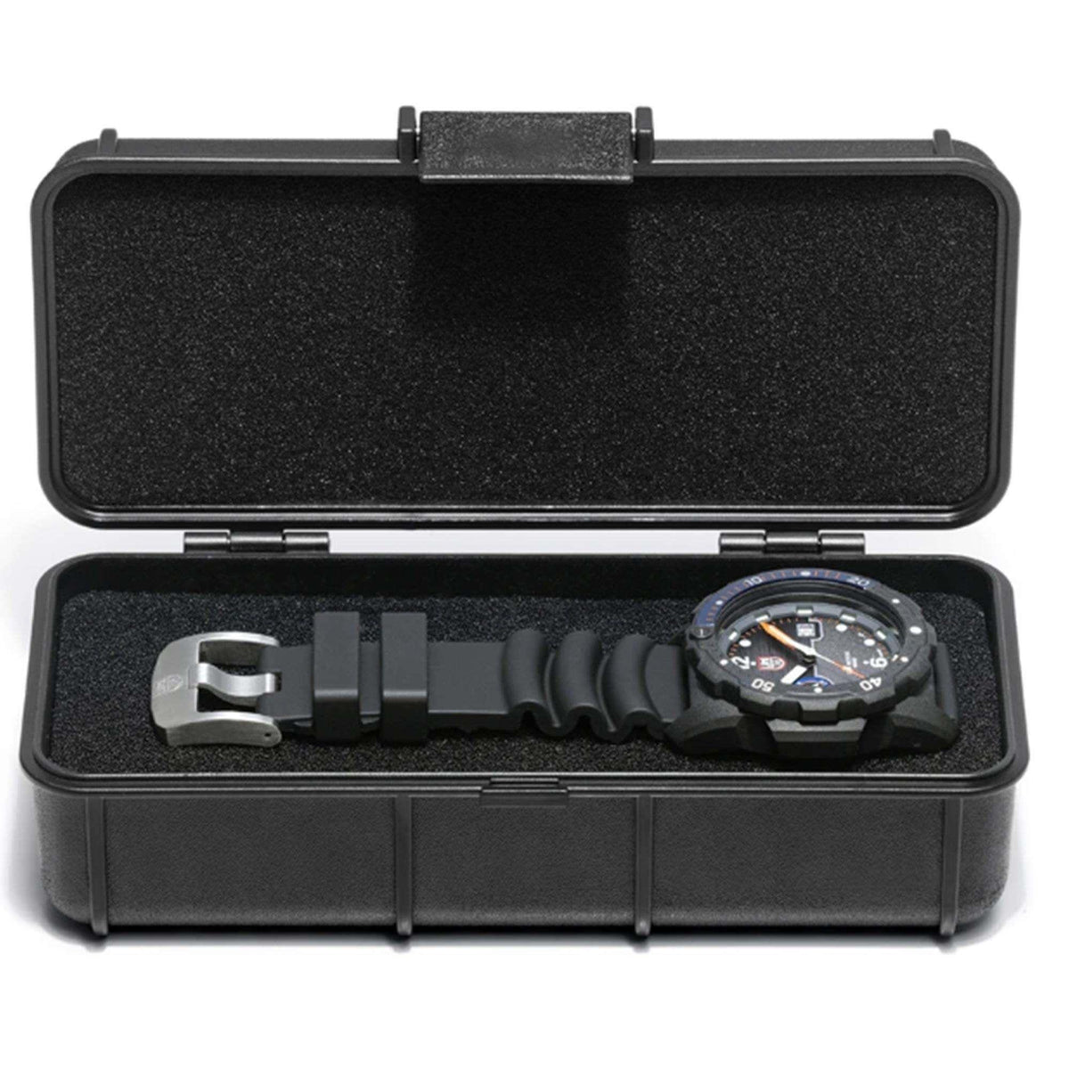 Black watch box showing a men's black rubber strap quartz watch