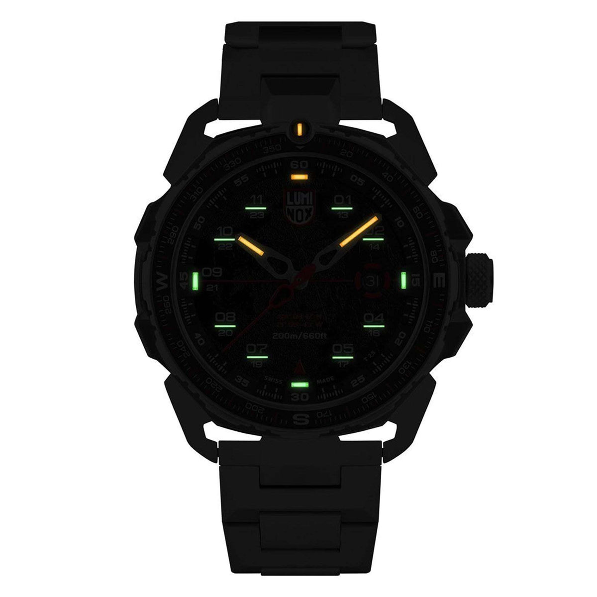 Black silicone-banded watch with dark dial and green luminous numerals, quartz