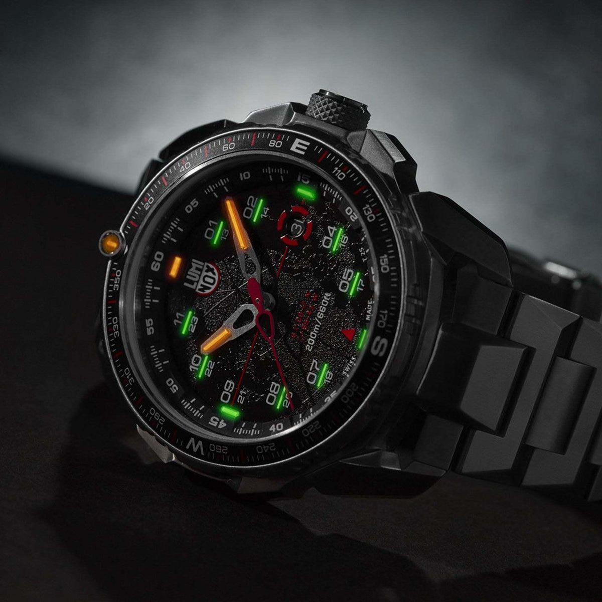 Luminox men's quartz watch, black dial with orange and green luminous markers